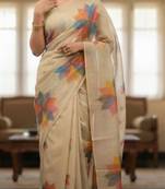 Cream multicolor blended cotton printed zari work saree with blouse