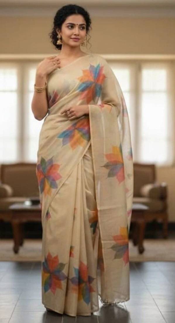 Cream multicolor blended cotton printed zari work saree with blouse