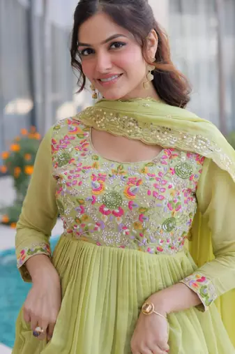 Pista green mal chanderi embroidery zari sequins flared salwar suits