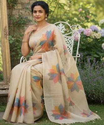 Cream multicolor blended cotton printed zari work saree with blouse 2