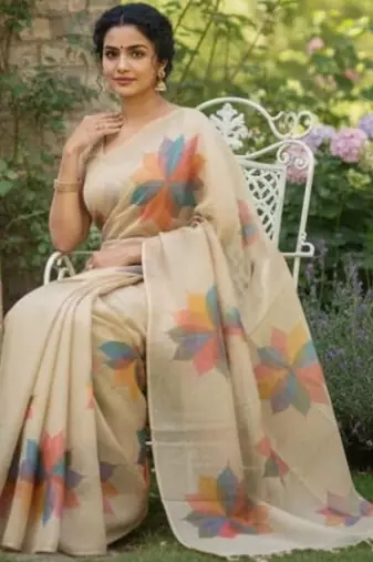 Cream multicolor blended cotton printed zari work saree with blouse