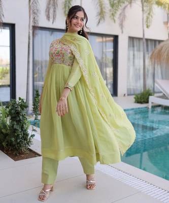 Pista green mal chanderi embroidery zari sequins flared salwar suits 4