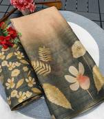Pink dark green blended cotton printed zari work saree with blouse