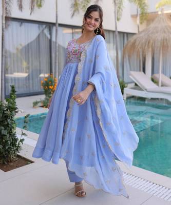 Lavender mal chanderi embroidery zari sequins flared salwar suits 1
