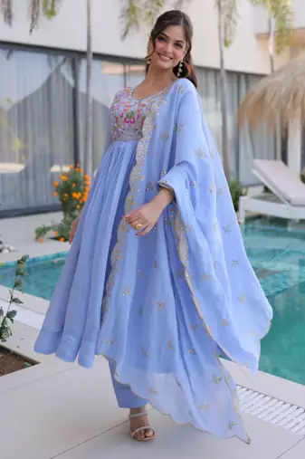 Lavender mal chanderi embroidery zari sequins flared salwar suits
