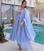 Lavender mal chanderi embroidery zari sequins flared salwar suits