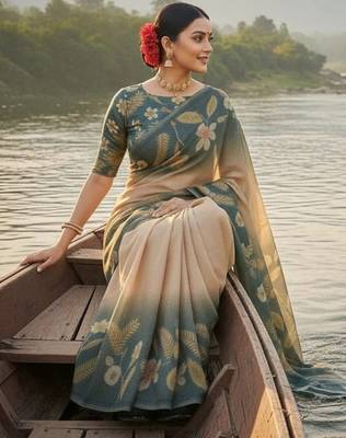 Pink dark green blended cotton printed zari work saree with blouse 3