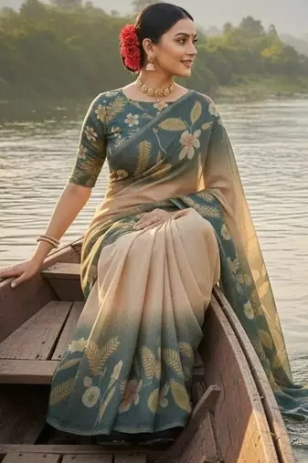 Pink dark green blended cotton printed zari work saree with blouse