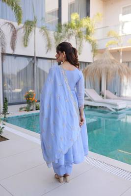 Lavender mal chanderi embroidery zari sequins flared salwar suits 2