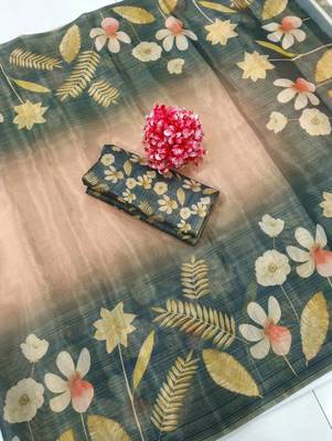 Pink dark green blended cotton printed zari work saree with blouse 4