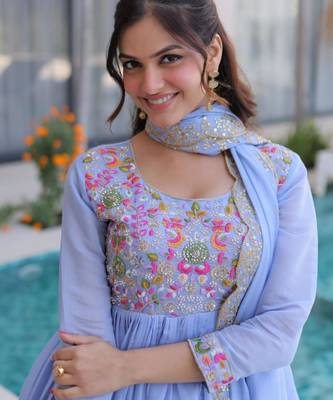 Lavender mal chanderi embroidery zari sequins flared salwar suits 3