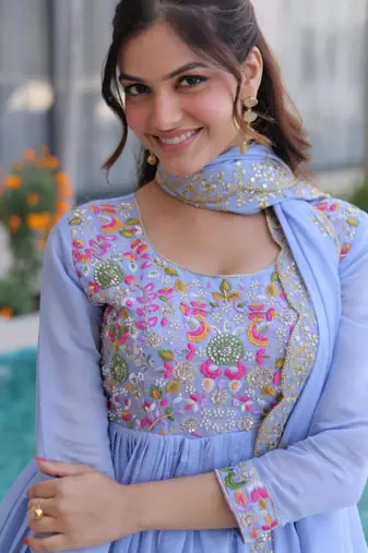 Lavender mal chanderi embroidery zari sequins flared salwar suits