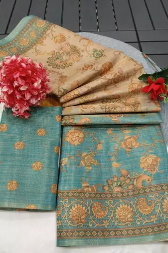 Cream blue blended cotton printed zari work saree with blouse