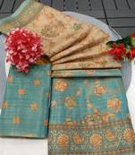 Cream blue blended cotton printed zari work saree with blouse