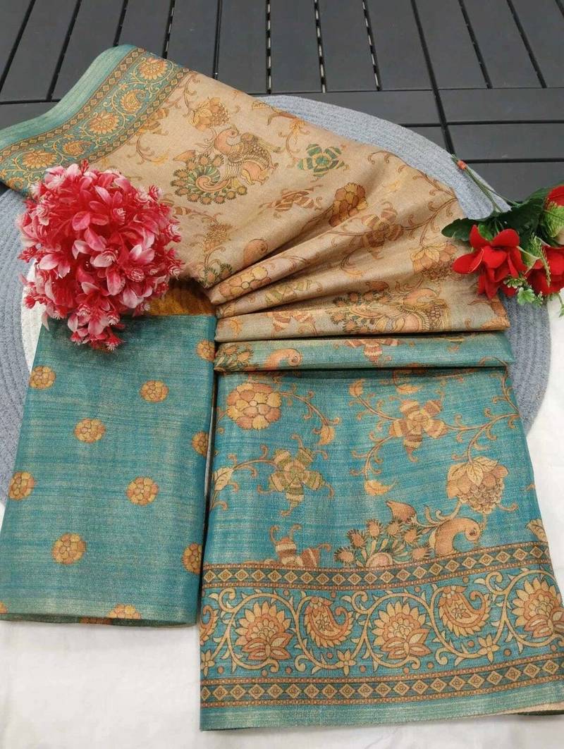 Cream blue blended cotton printed zari work saree with blouse
