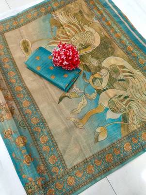 Cream blue blended cotton printed zari work saree with blouse 2