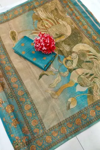 Cream blue blended cotton printed zari work saree with blouse