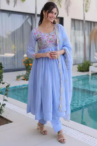 Lavender mal chanderi embroidery zari sequins flared salwar suits