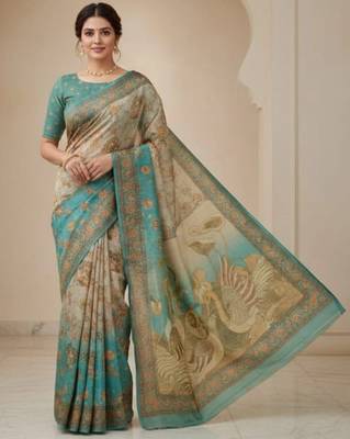 Cream blue blended cotton printed zari work saree with blouse 3