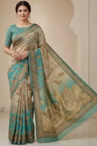 Cream blue blended cotton printed zari work saree with blouse