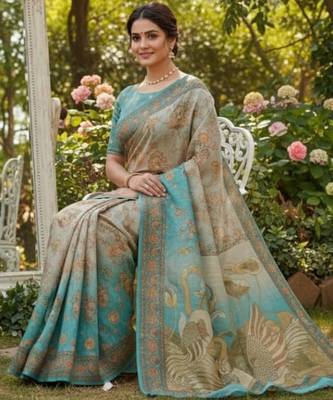 Cream blue blended cotton printed zari work saree with blouse 4
