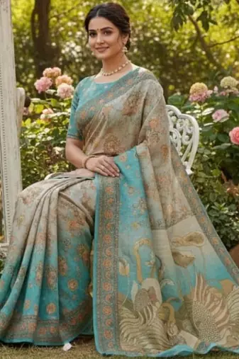 Cream blue blended cotton printed zari work saree with blouse