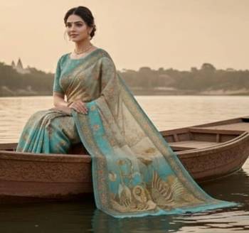 Cream blue blended cotton printed zari work saree with blouse 5
