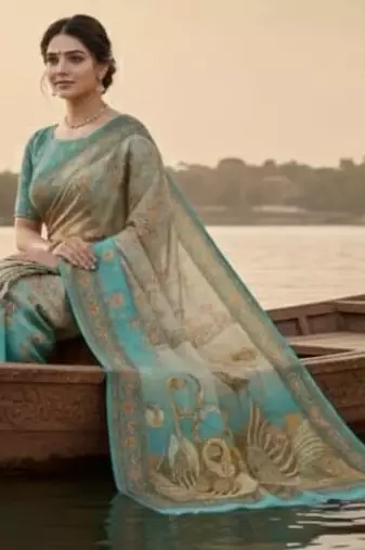 Cream blue blended cotton printed zari work saree with blouse