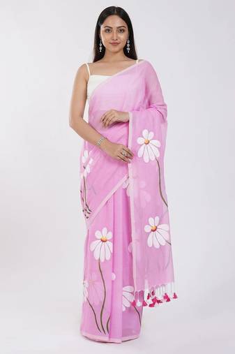 Pink pure cotton printed zari work saree with blouse