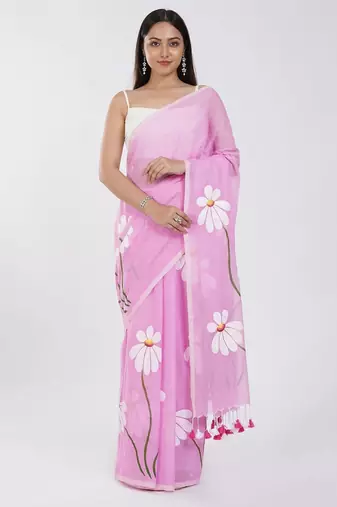 Pink pure cotton printed zari work saree with blouse