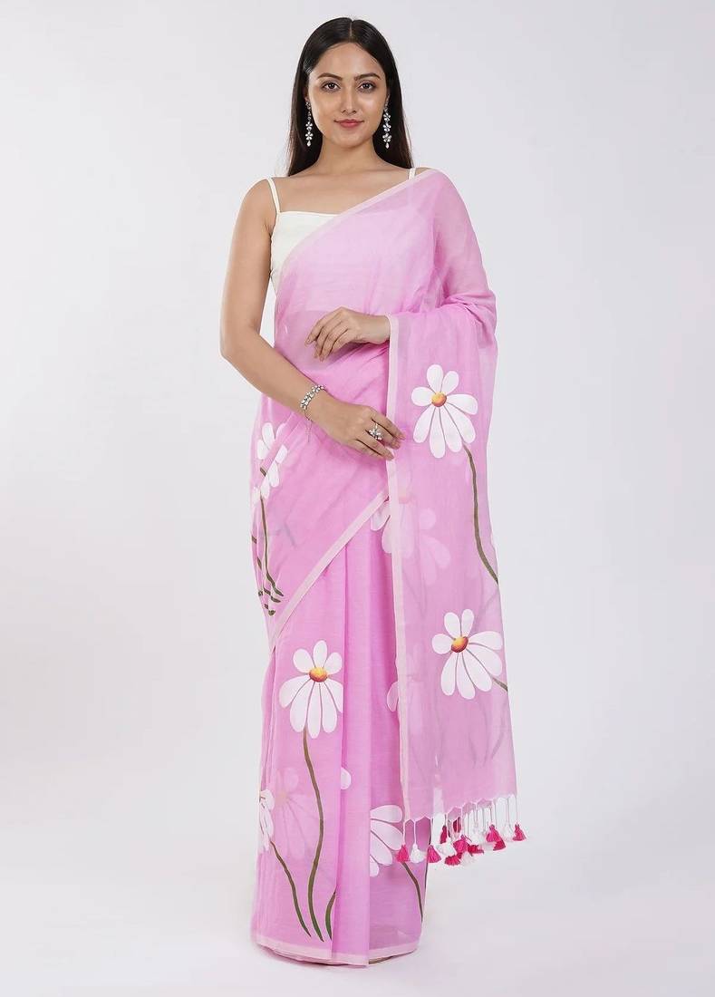 Pink pure cotton printed zari work saree with blouse