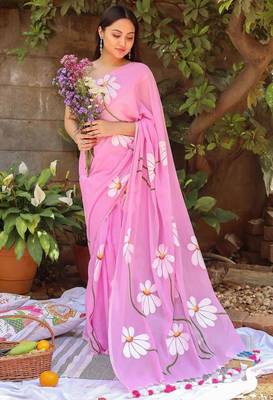 Pink pure cotton printed zari work saree with blouse 3