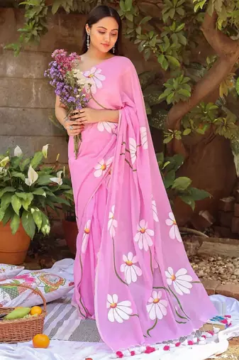 Pink pure cotton printed zari work saree with blouse