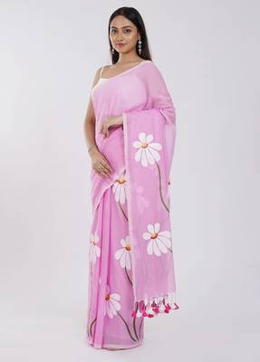 Pink pure cotton printed zari work saree with blouse 4