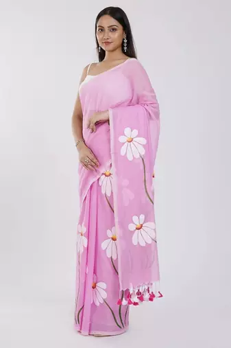 Pink pure cotton printed zari work saree with blouse