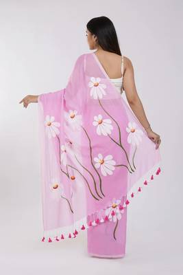 Pink pure cotton printed zari work saree with blouse 5