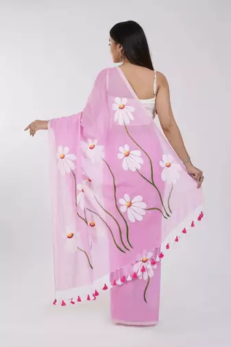 Pink pure cotton printed zari work saree with blouse