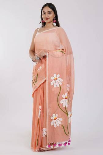 Orange pure cotton printed zari work saree with blouse
