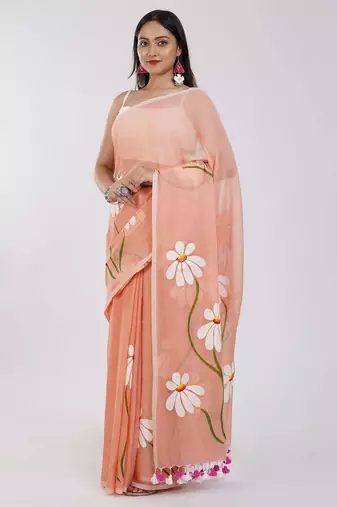 Orange pure cotton printed zari work saree with blouse