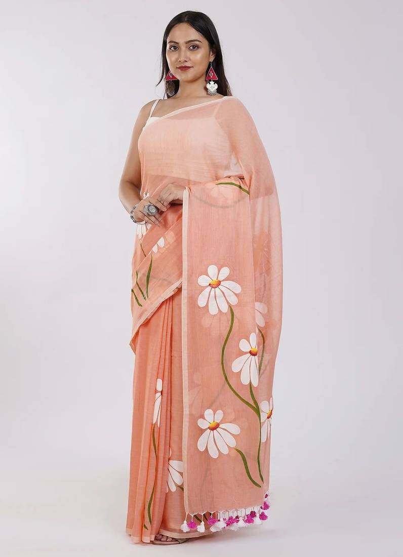 Orange pure cotton printed zari work saree with blouse