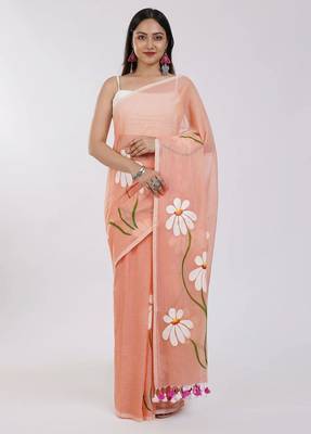 Orange pure cotton printed zari work saree with blouse 3
