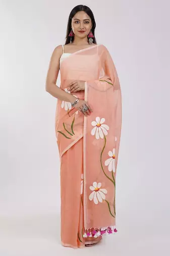 Orange pure cotton printed zari work saree with blouse