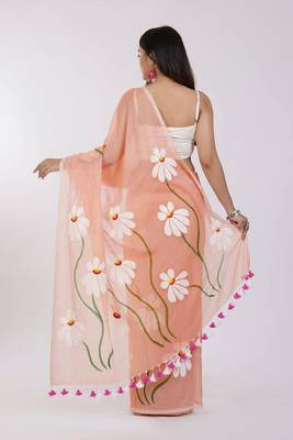 Orange pure cotton printed zari work saree with blouse 4