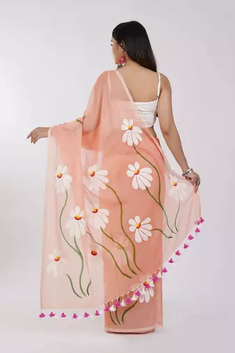 Orange pure cotton printed zari work saree with blouse