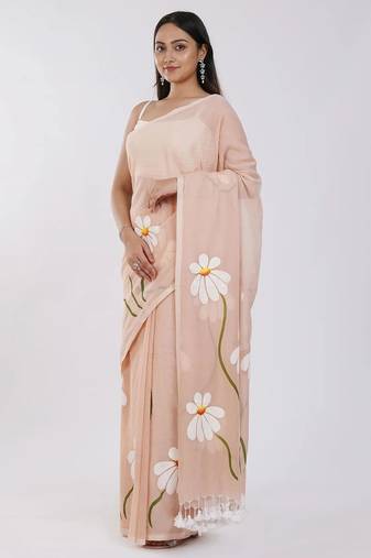 Pink pure cotton printed zari work saree with blouse