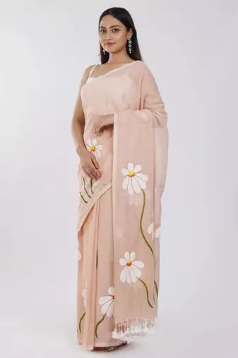 Pink pure cotton printed zari work saree with blouse