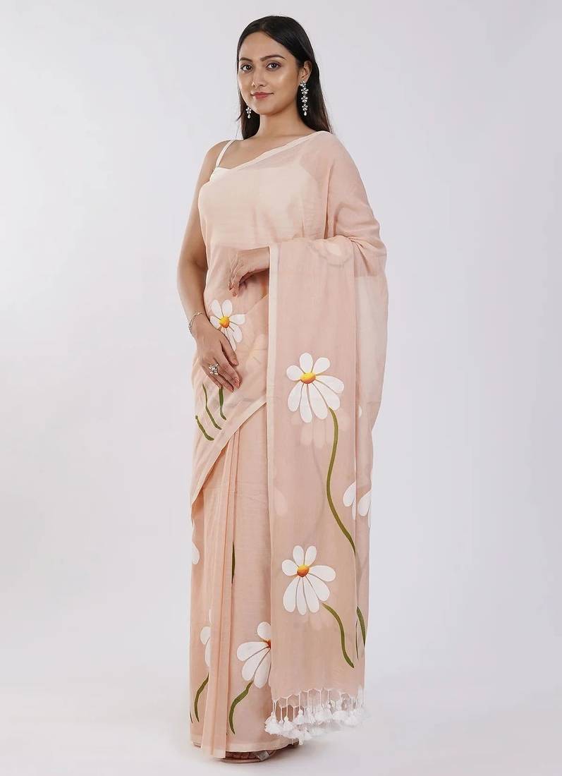 Pink pure cotton printed zari work saree with blouse