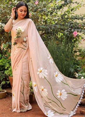 Pink pure cotton printed zari work saree with blouse 2