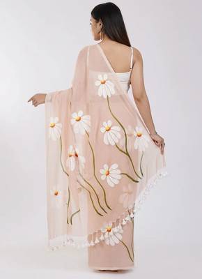 Pink pure cotton printed zari work saree with blouse 4