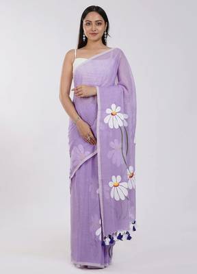 Purple pure cotton printed zari work saree with blouse 1